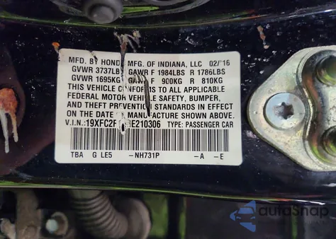 2016 Honda Civic Ex из США, поврежденный, VIN 19XFC2F75GE210306